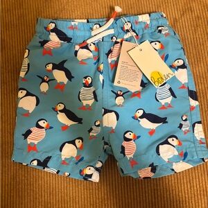 Baby Boden Blue Puffin Print Swim Trunks